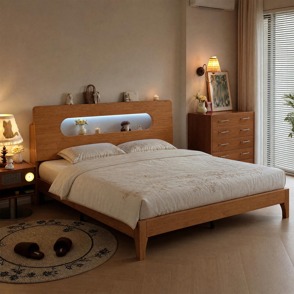 Queen Size Solid Wood Bed Frame with Storage Headboard, Brown Y883