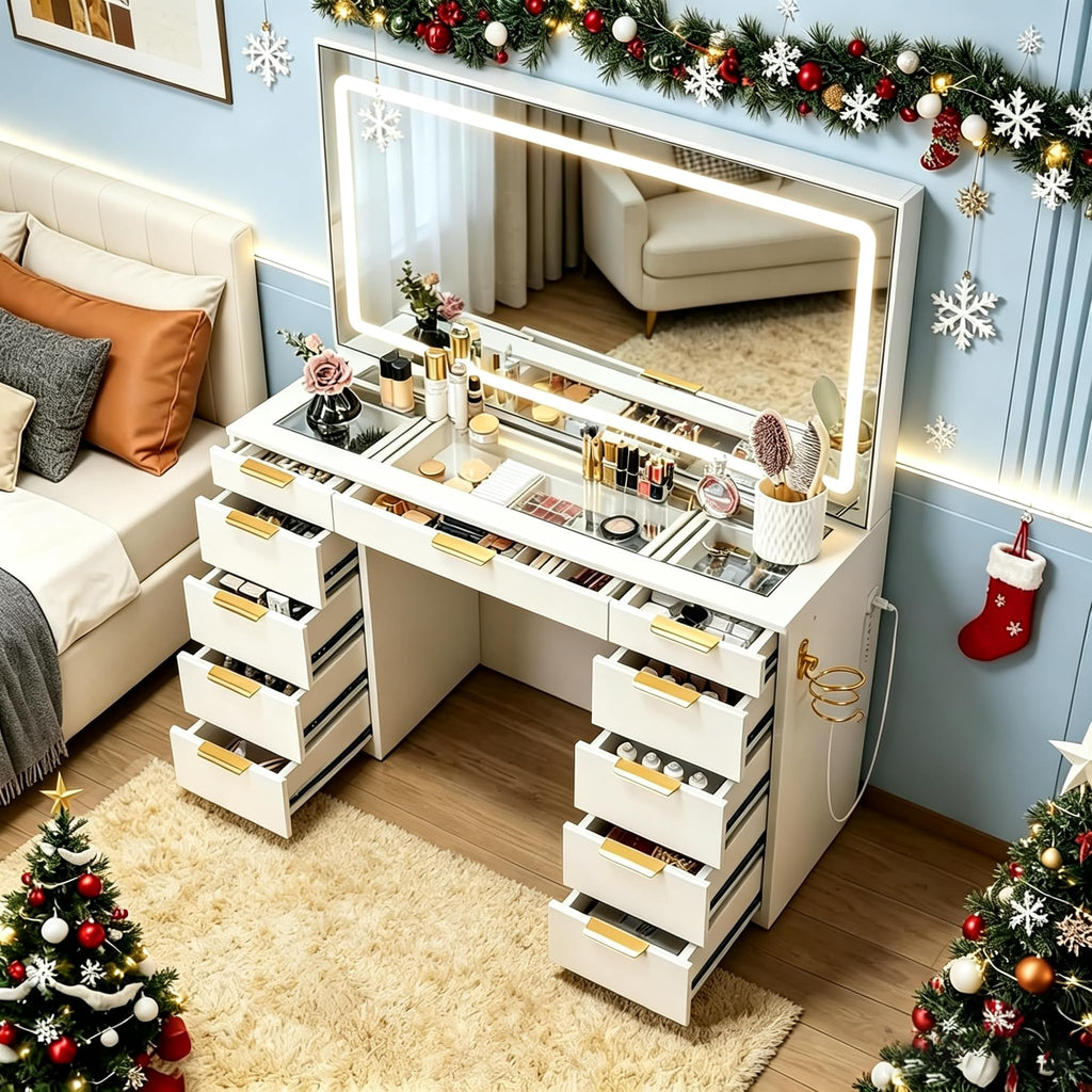 White Glass Top Vanity Desk with Mirror and Lights, 11 Drawers K506381