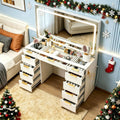 White Glass Top Vanity Desk with Mirror and Lights, 11 Drawers K506381