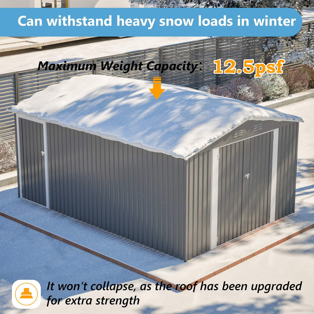 10x14 FT Waterproof Metal Storage Shed with 3 Lockable Doors R677358
