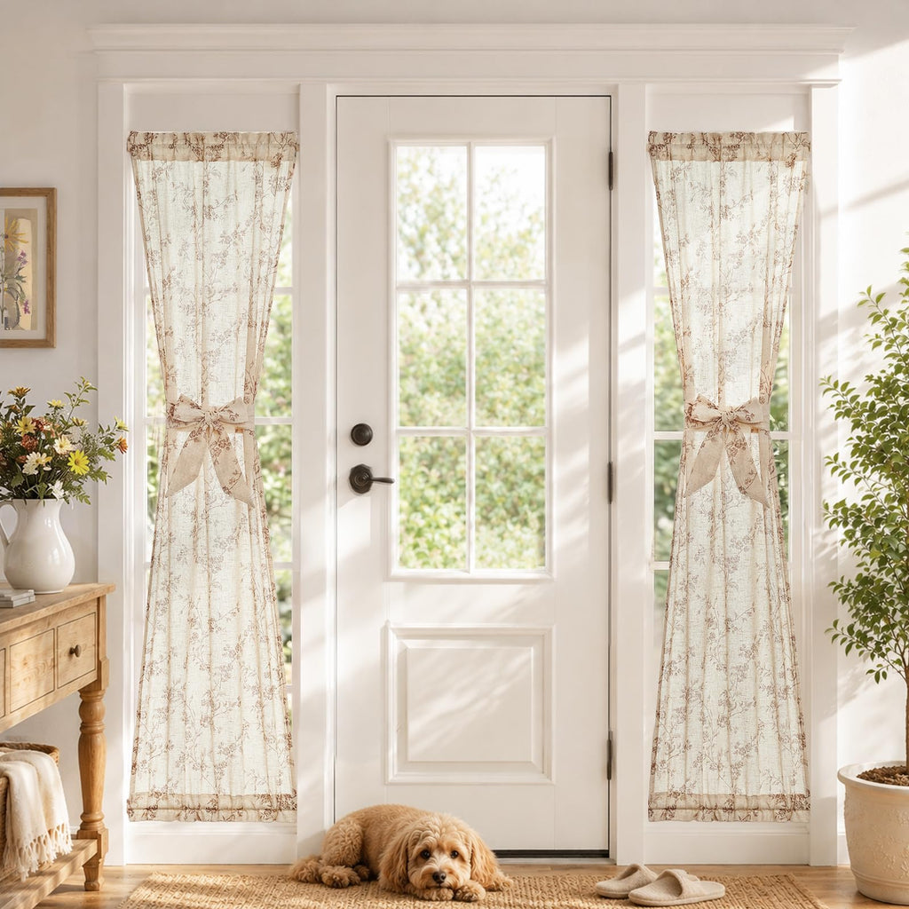 Taupe Linen Floral 72 Inch Rod Pocket Curtains 2 Panels Q244