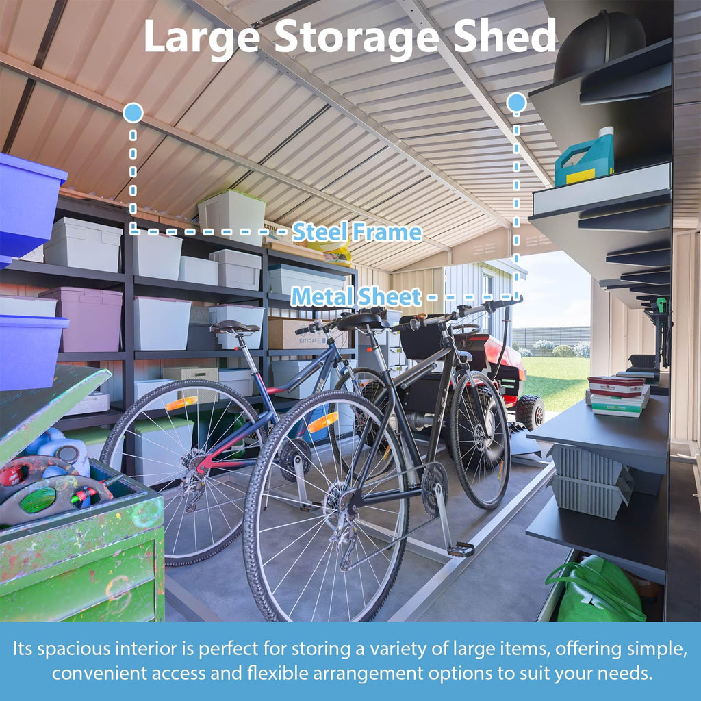 10x14 FT Waterproof Metal Storage Shed with 3 Lockable Doors R677358