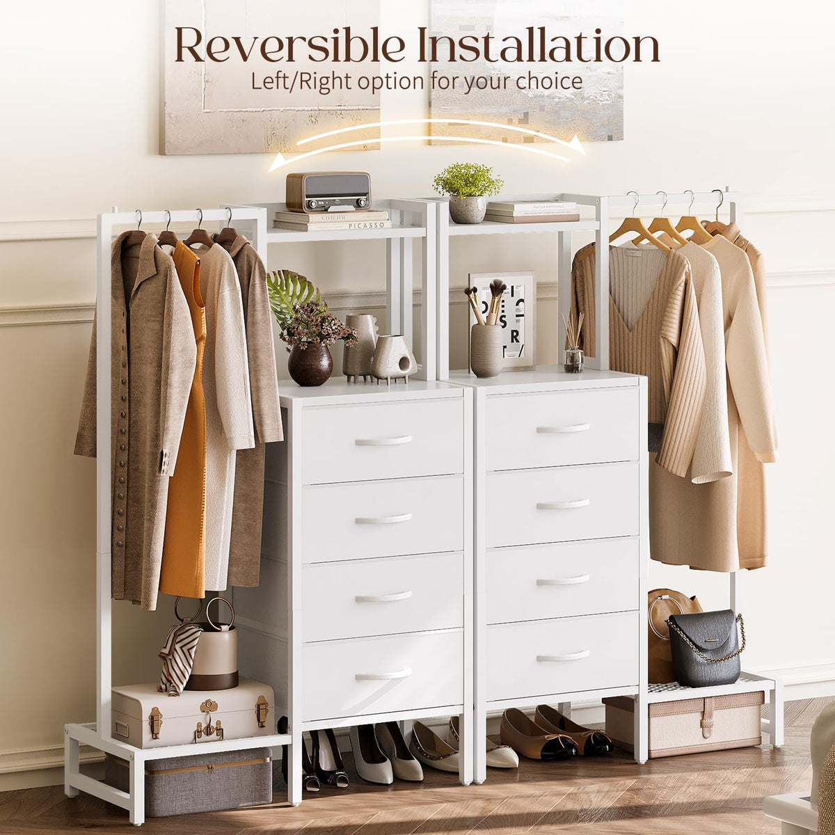 White 4 Drawer Dresser with Hanging Rack I785623