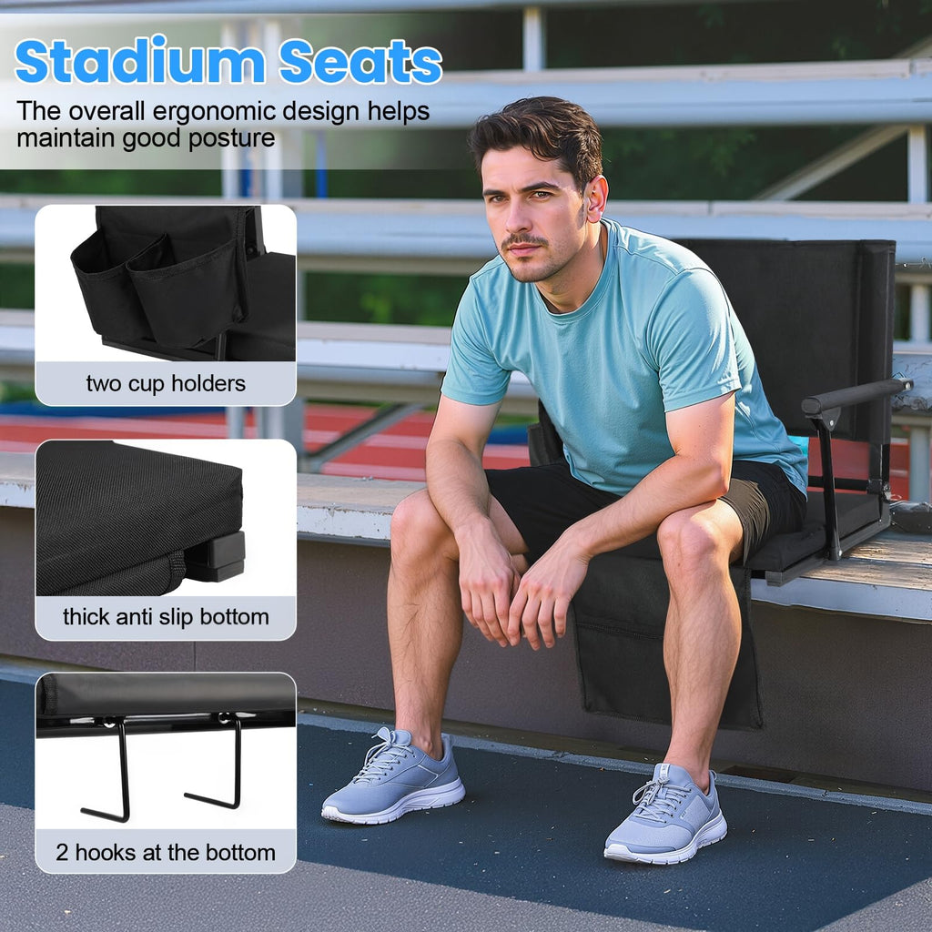 2 Pcs Folding Stadium Seat with Back Support & Cushion Black L25233