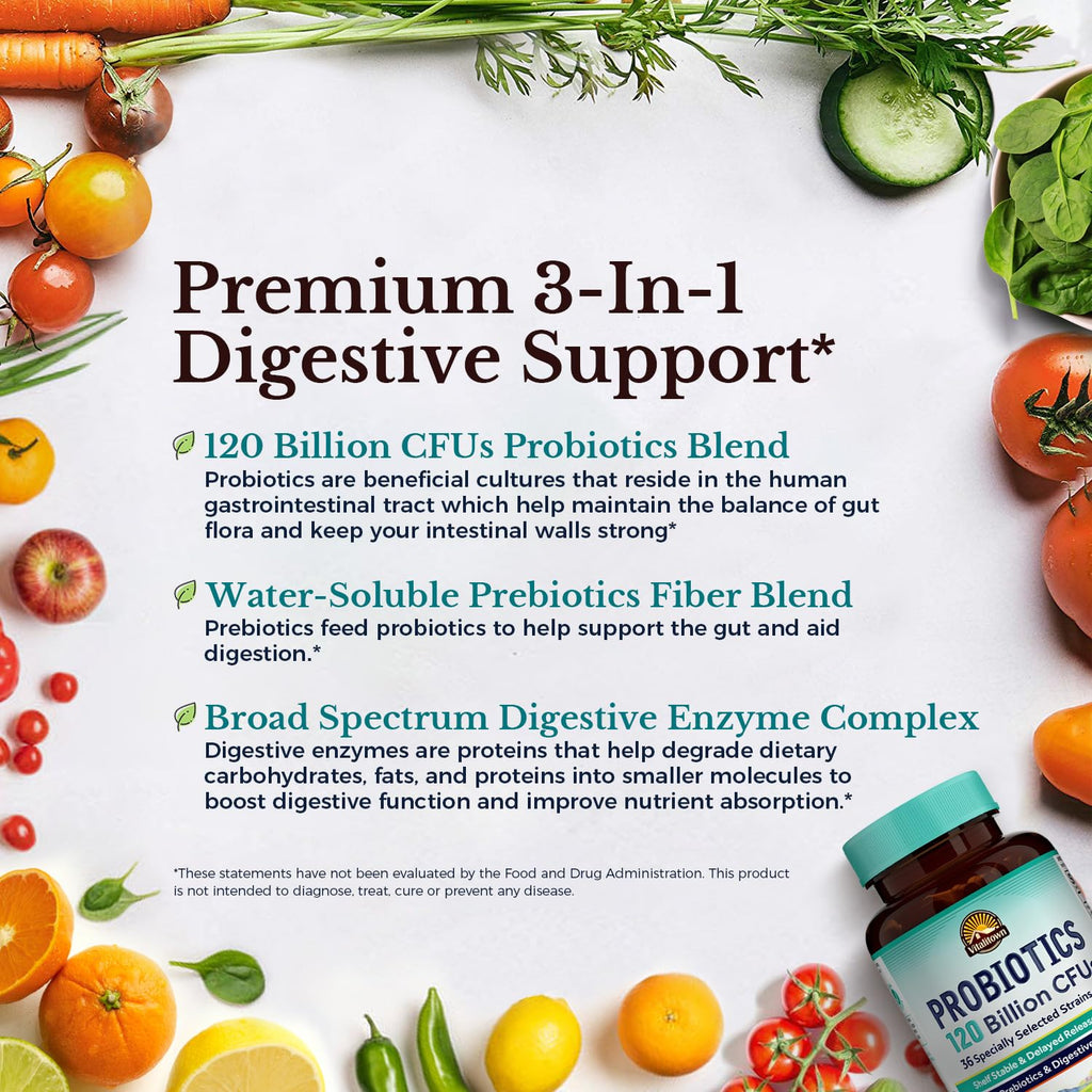 Probiotics 120 Billion CFUs 36 Strains with Prebiotics & Digestive Enzymes 30 Veg Caps D3812