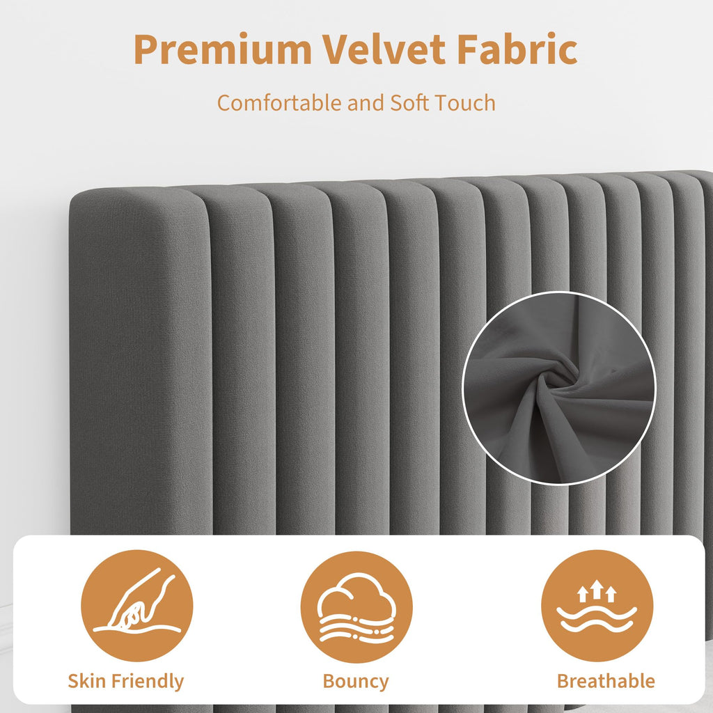 Velvet Upholstered Platform Bed with Adjustable Headboard W8147