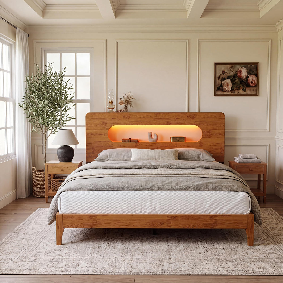 Queen Size Solid Wood Bed Frame with Storage Headboard, Brown Y883
