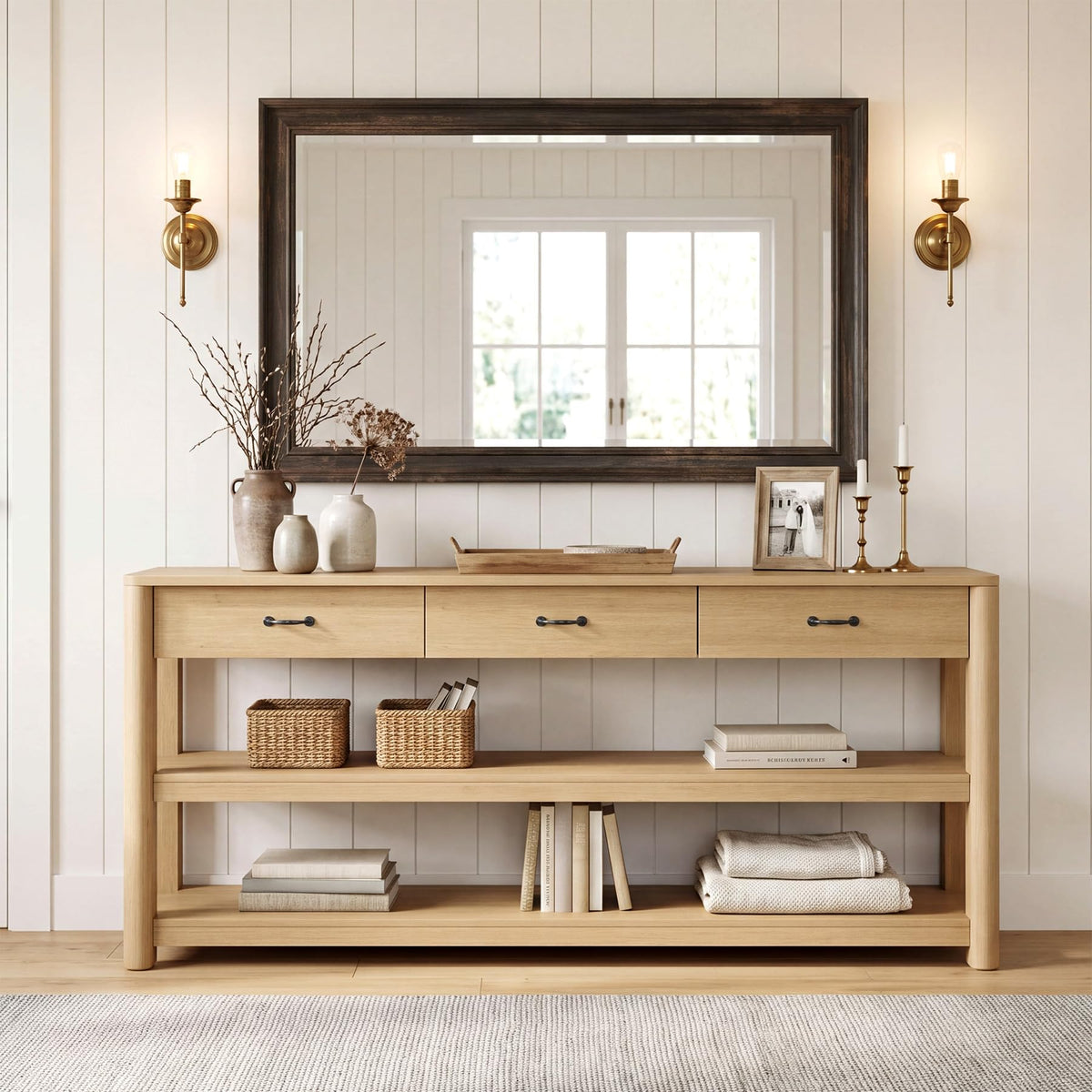 Oak Console Table with Storage Drawers F782