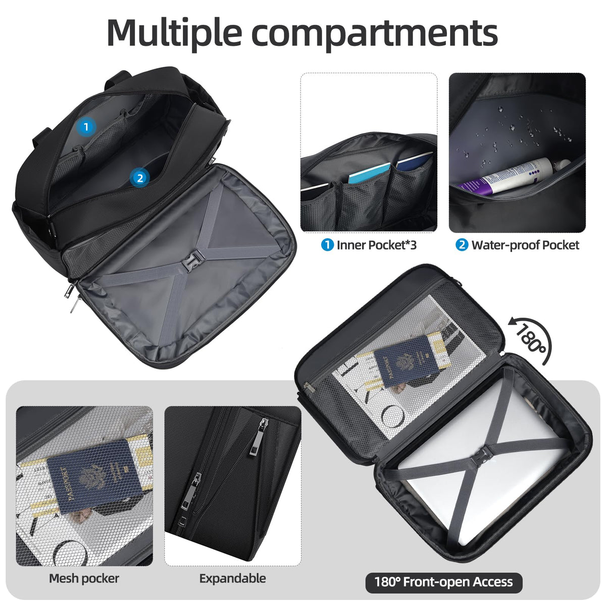 Black Expandable Carry-On Luggage Duffel Bag with Adjustable Strap P9310