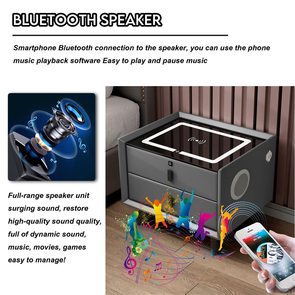Pink 3 Drawer Nightstand with Charging Station and Speakers L9820