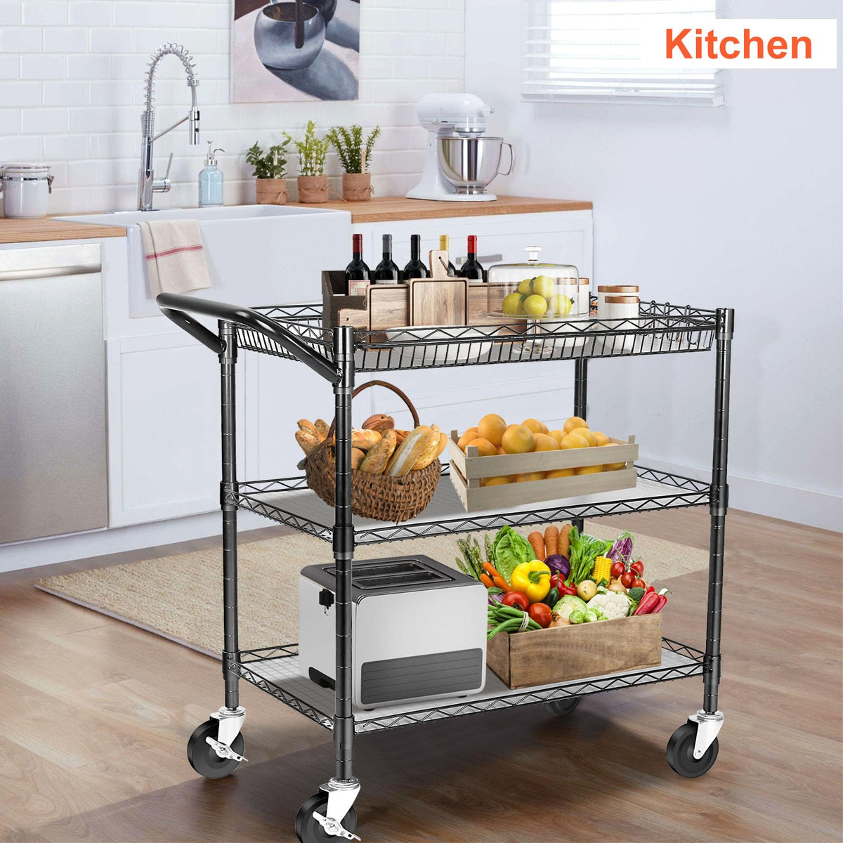 Heavy Duty 3 Tier Rolling Utility Cart with Wheels, Black I412715