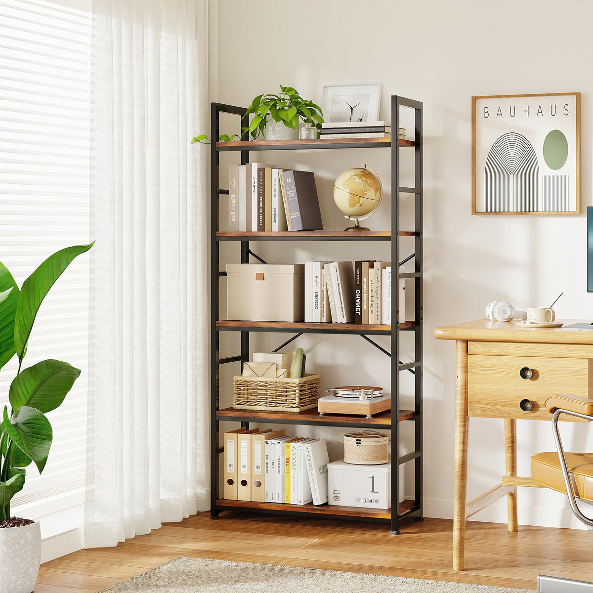 32 Inch 5-Tier Wood Metal Bookshelf O35624