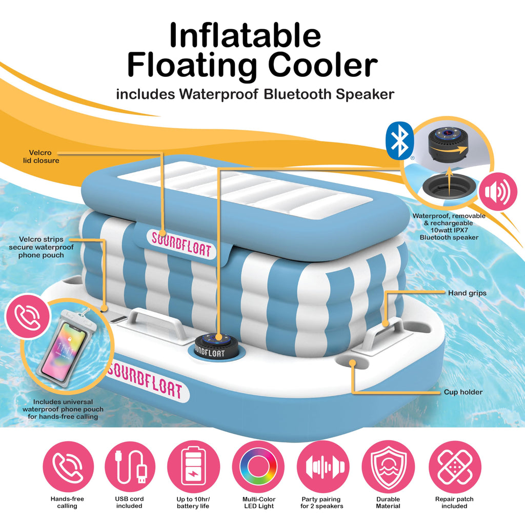 Inflatable Floating Cooler with Lid, Bluetooth Speaker, 6 Cup Holders, 24 Can Capacity Q176