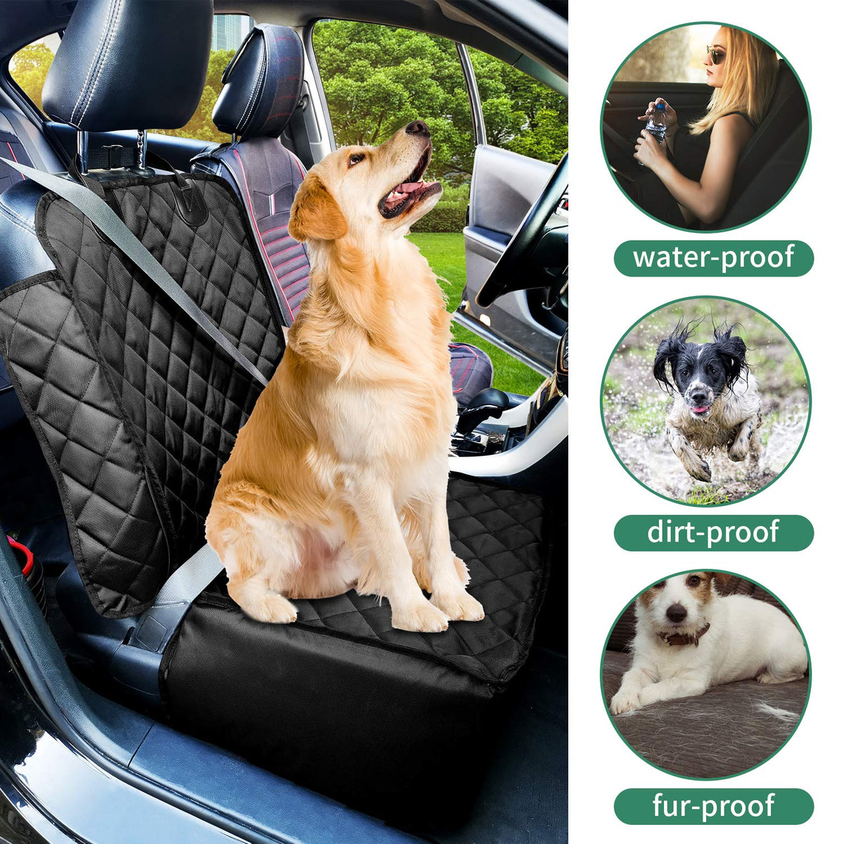 Black 2 in 1 Waterproof Dog Car Seat Cover with Safety Belt C1260