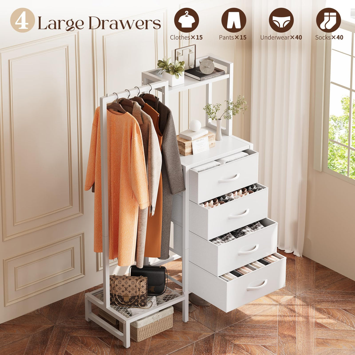 White 4 Drawer Dresser with Hanging Rack I785623