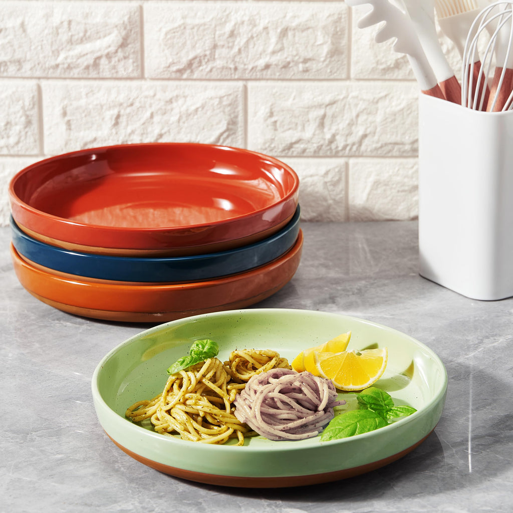 Ceramic Flat Pasta Bowl Plate Set of 4, 35oz Microwave Safe M82230