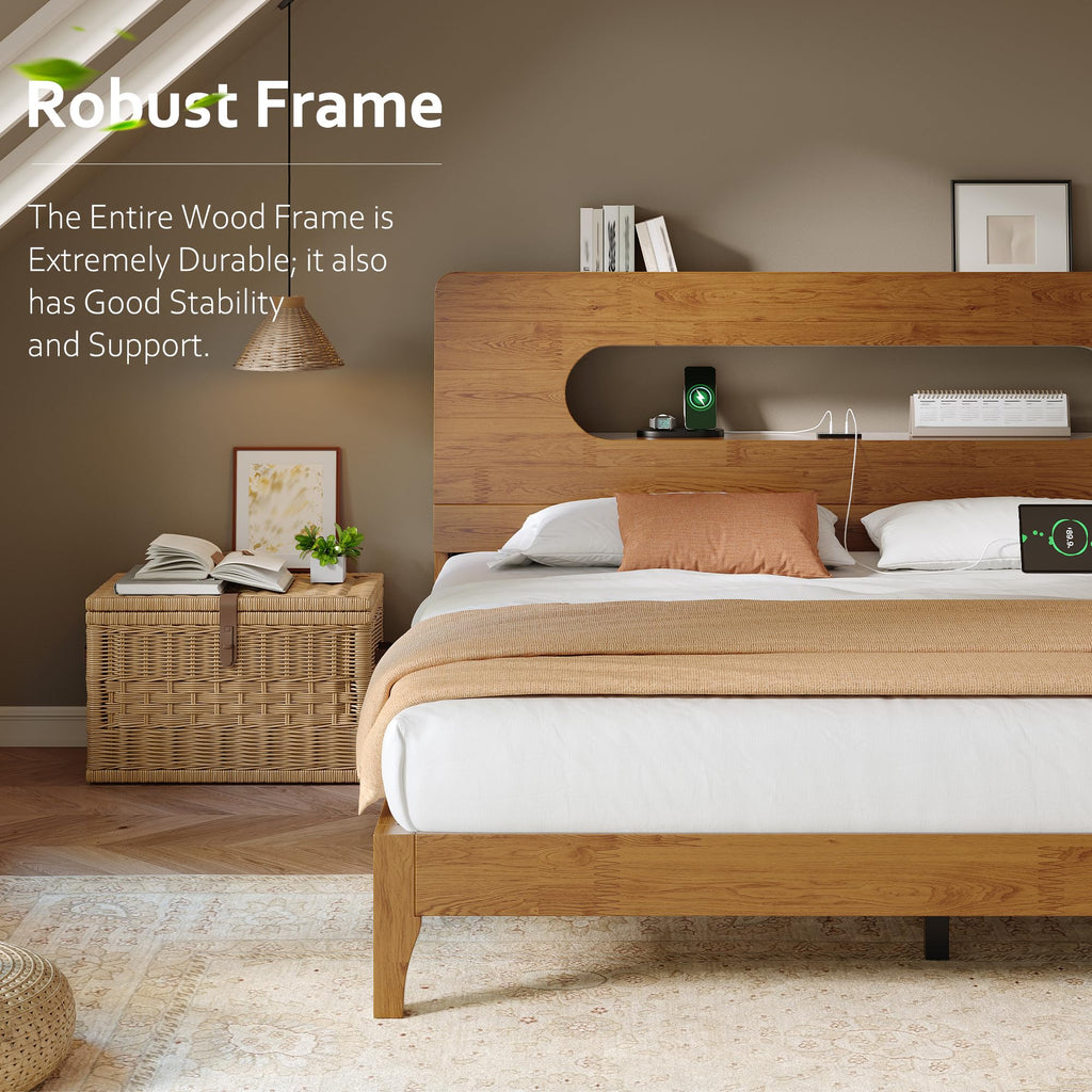 Queen Size Solid Wood Bed Frame with Storage Headboard, Brown Y883
