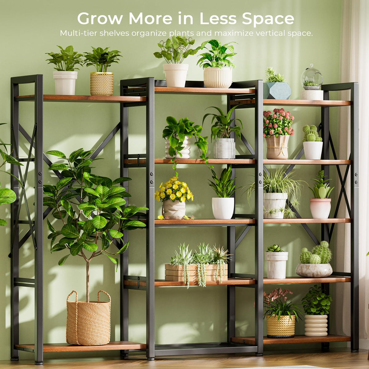 5-Tier Rustic Brown Bookshelf with Metal Frame R68571