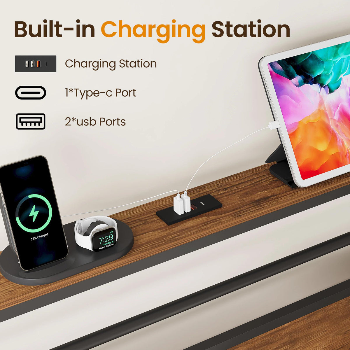 Twin Bed Frame with LED Lights & Charging Station T866