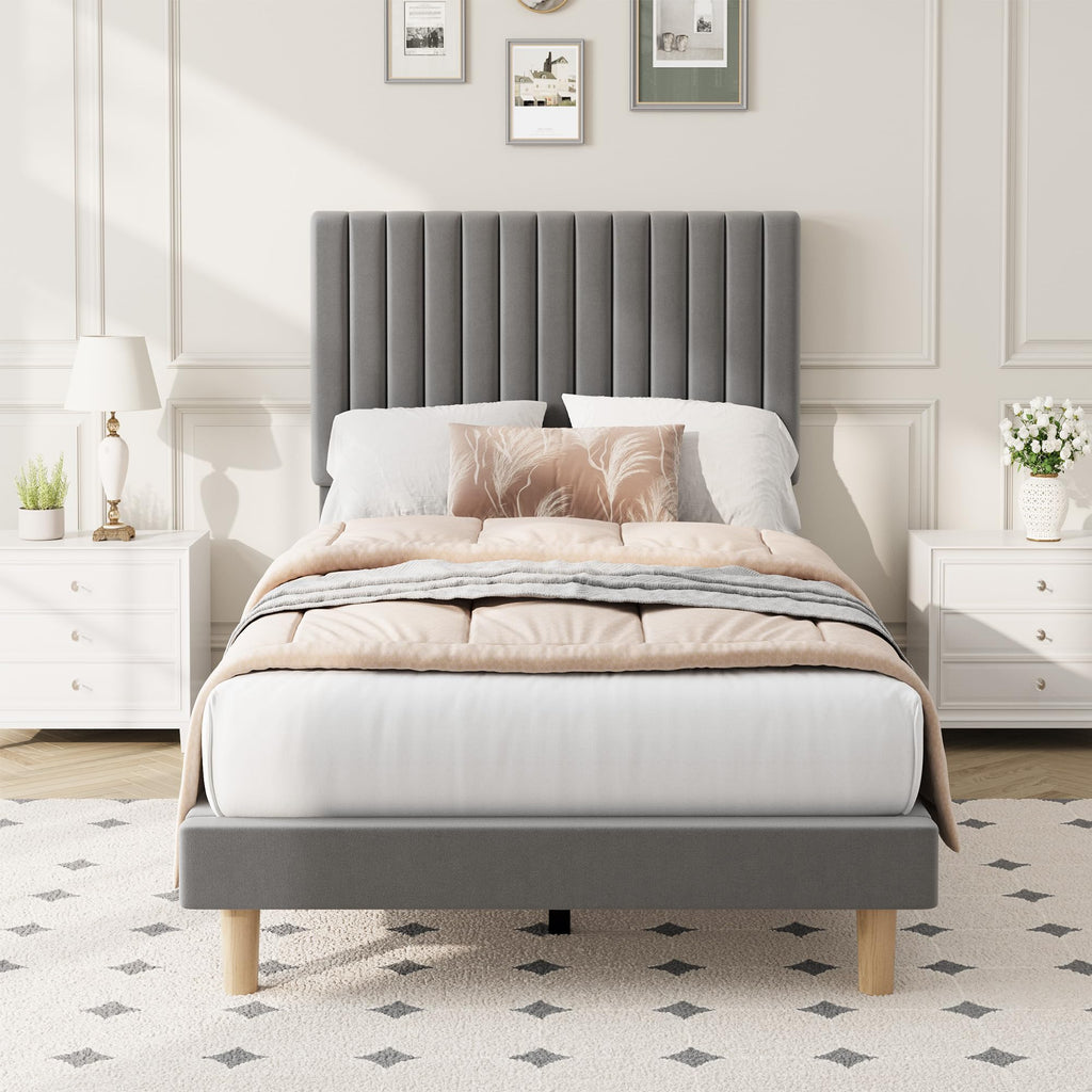 Velvet Upholstered Platform Bed with Adjustable Headboard W8147