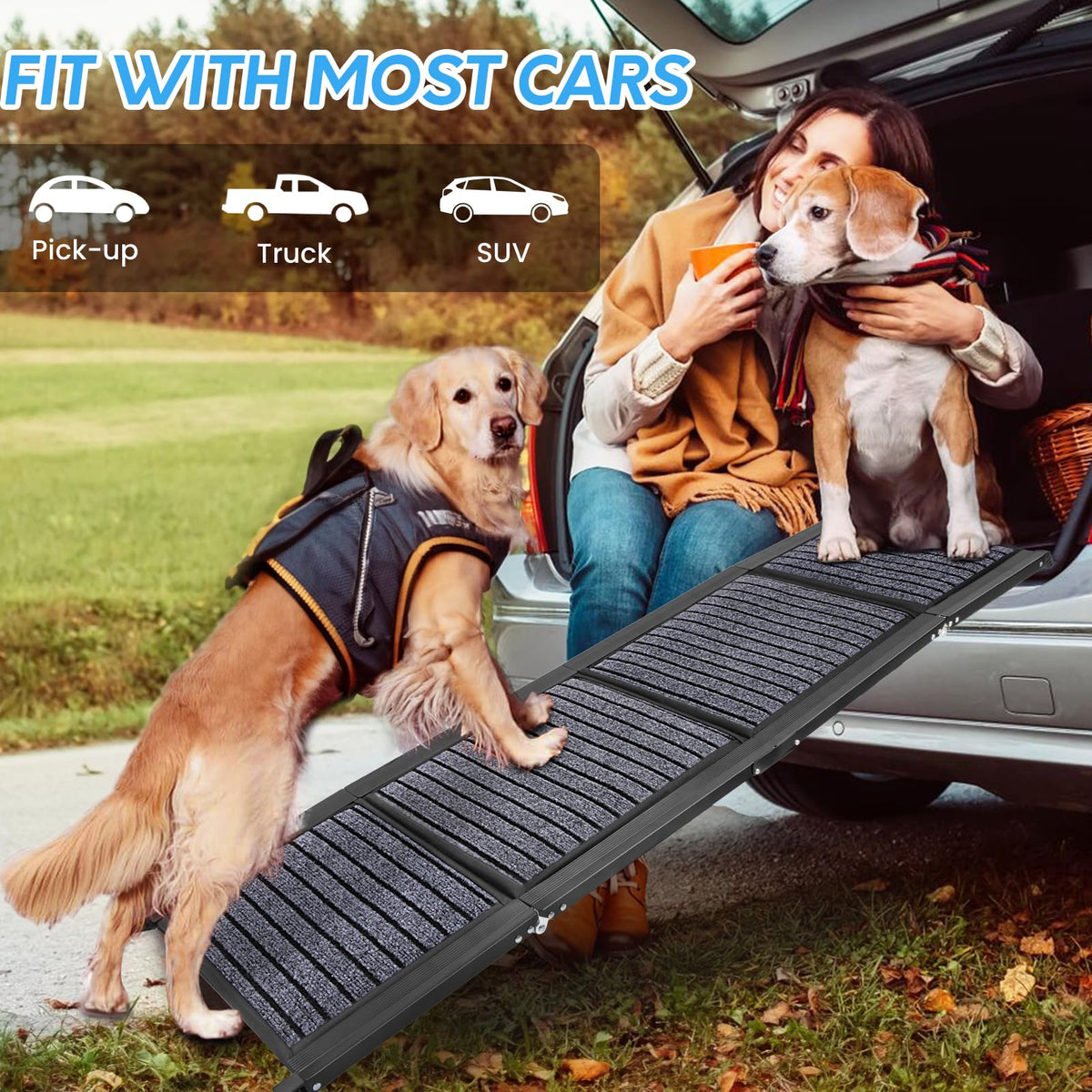 Folding Dog Ramp for Cars, 63"x17" Non-Slip Portable Pet Ramp U148042
