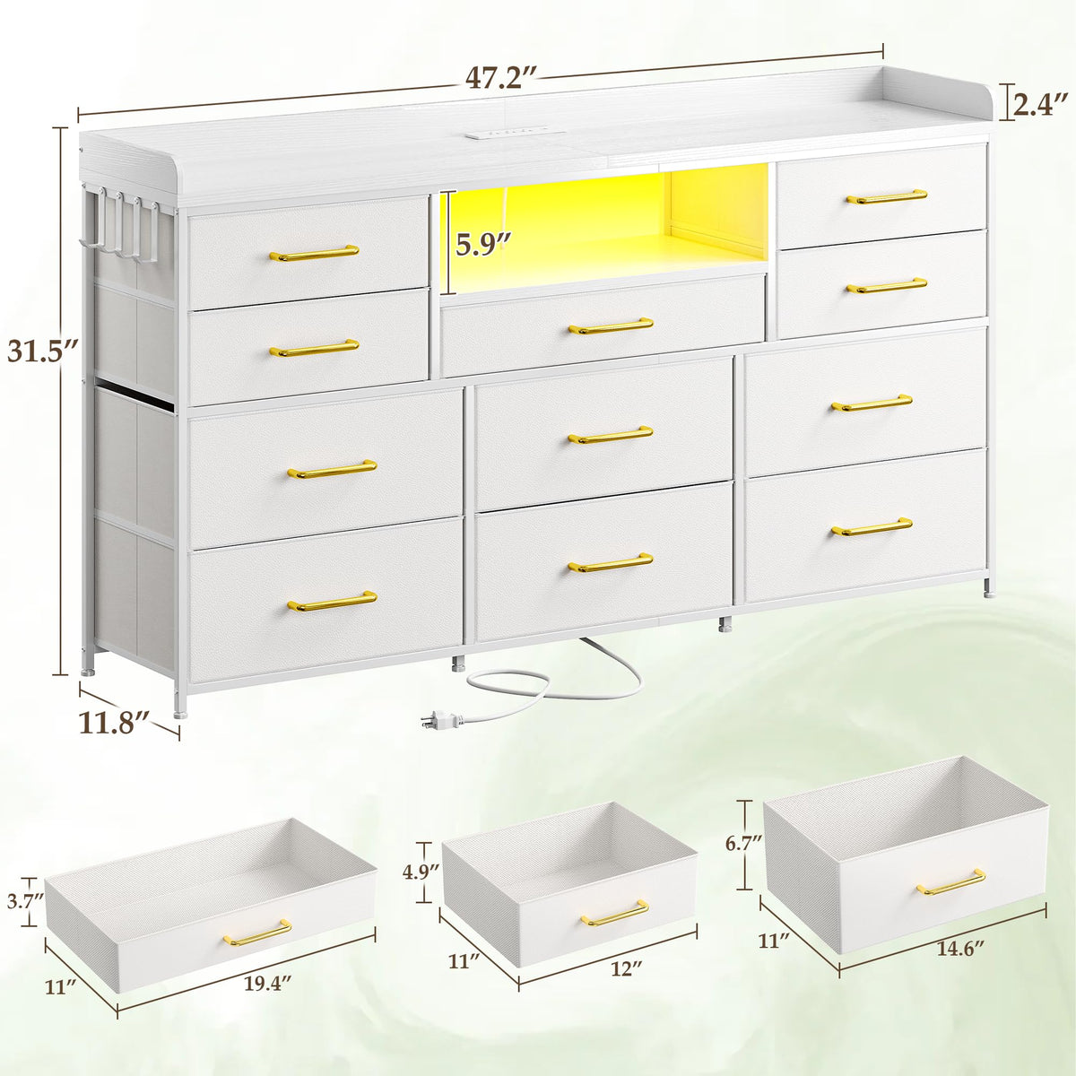 LED Dresser with Charging Station, 11 Drawers & 4 Hooks K583079