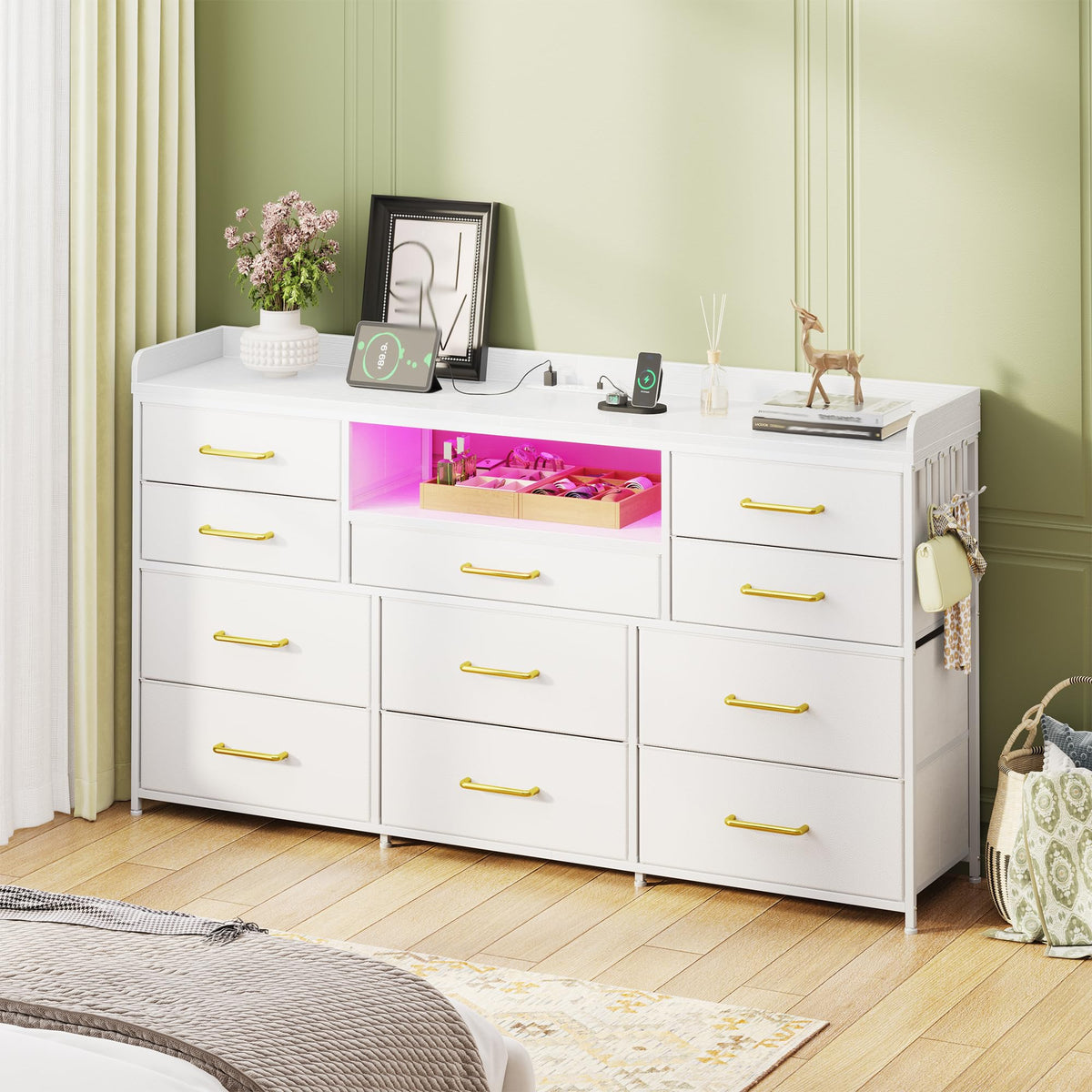 LED Dresser with Charging Station, 11 Drawers & 4 Hooks K583079