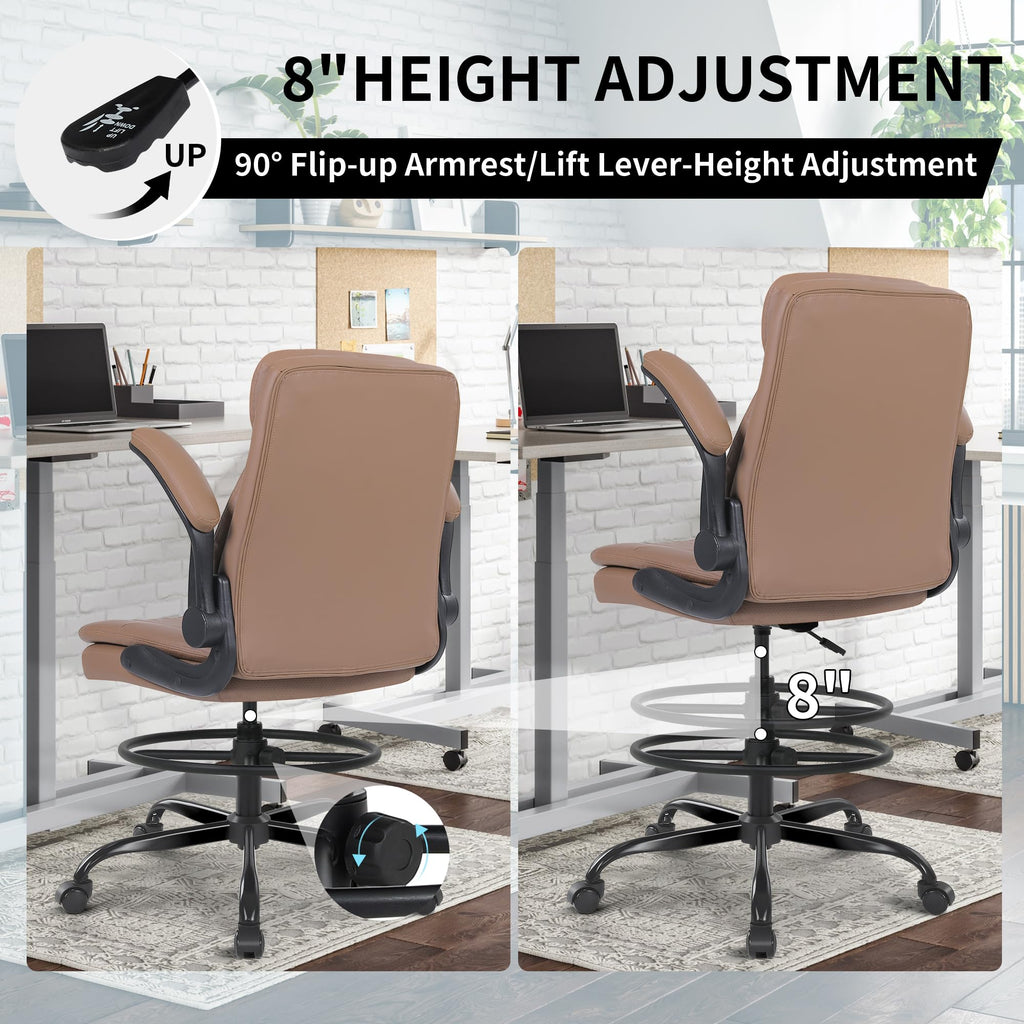 Leather Drafting Chair with Adjustable Height and Flip-up Armrest R4363