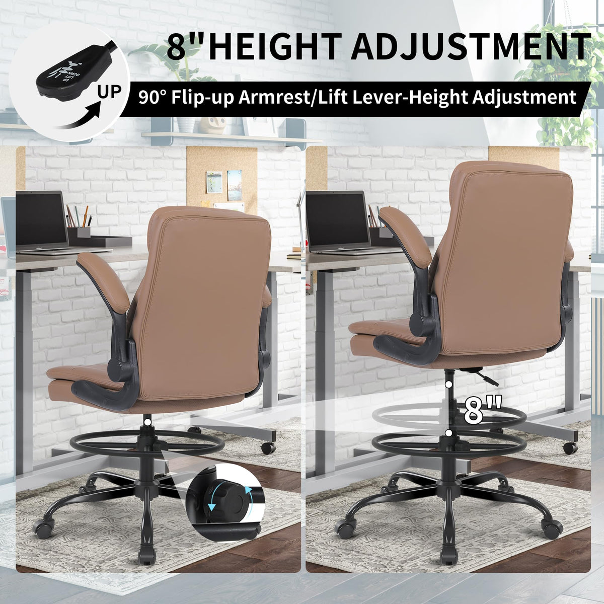 Leather Drafting Chair with Adjustable Height and Flip-up Armrest R4363