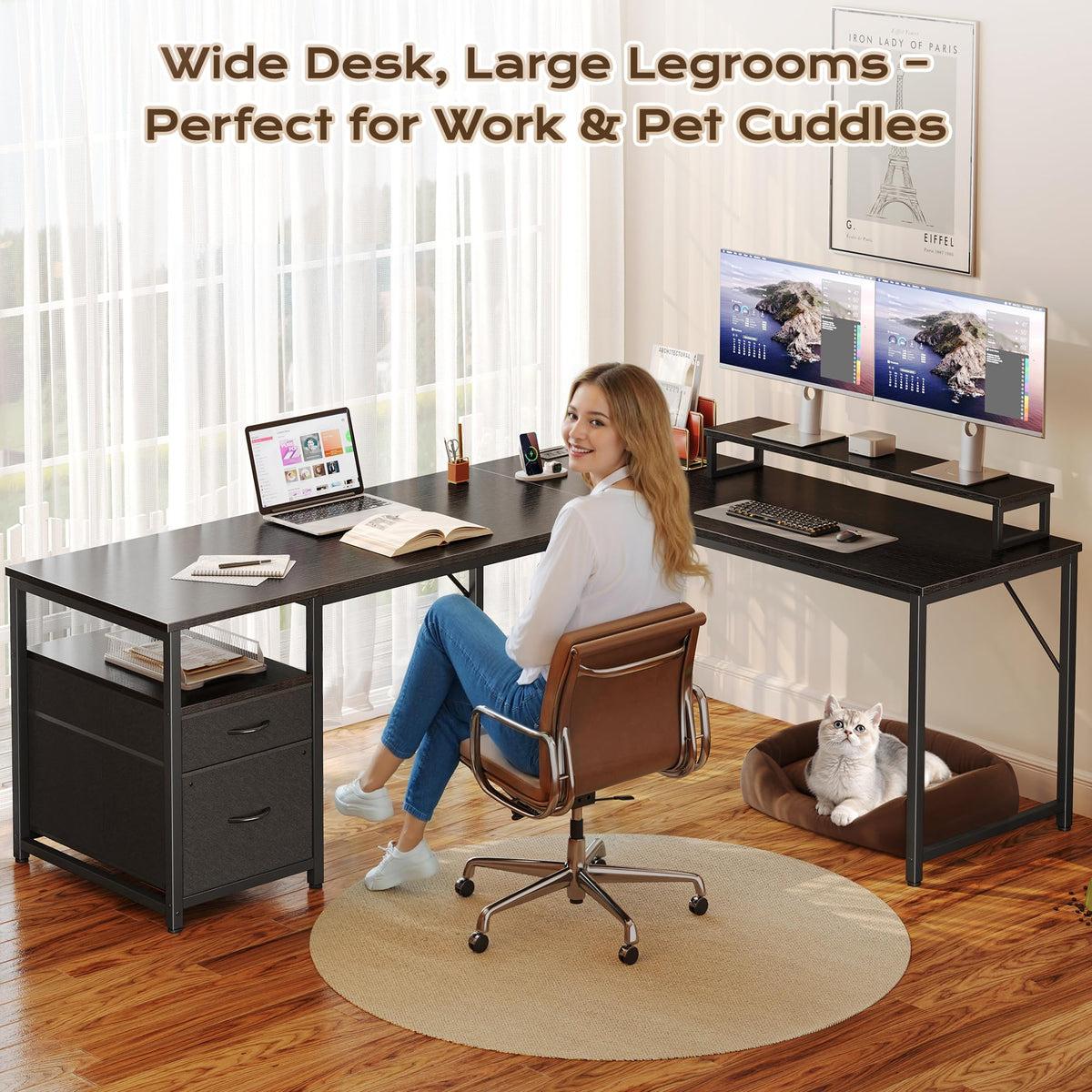 63 Inch L Shaped Desk with Power Outlets and USB-C Port, Black O54137