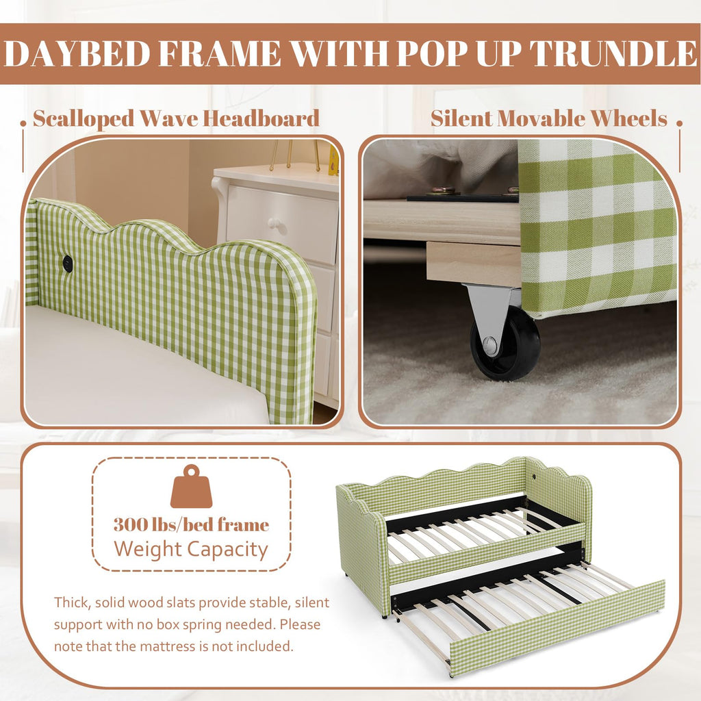 81-inch Twin to King Size Gingham Linen Upholstered Daybed with USB Charging Ports T103605