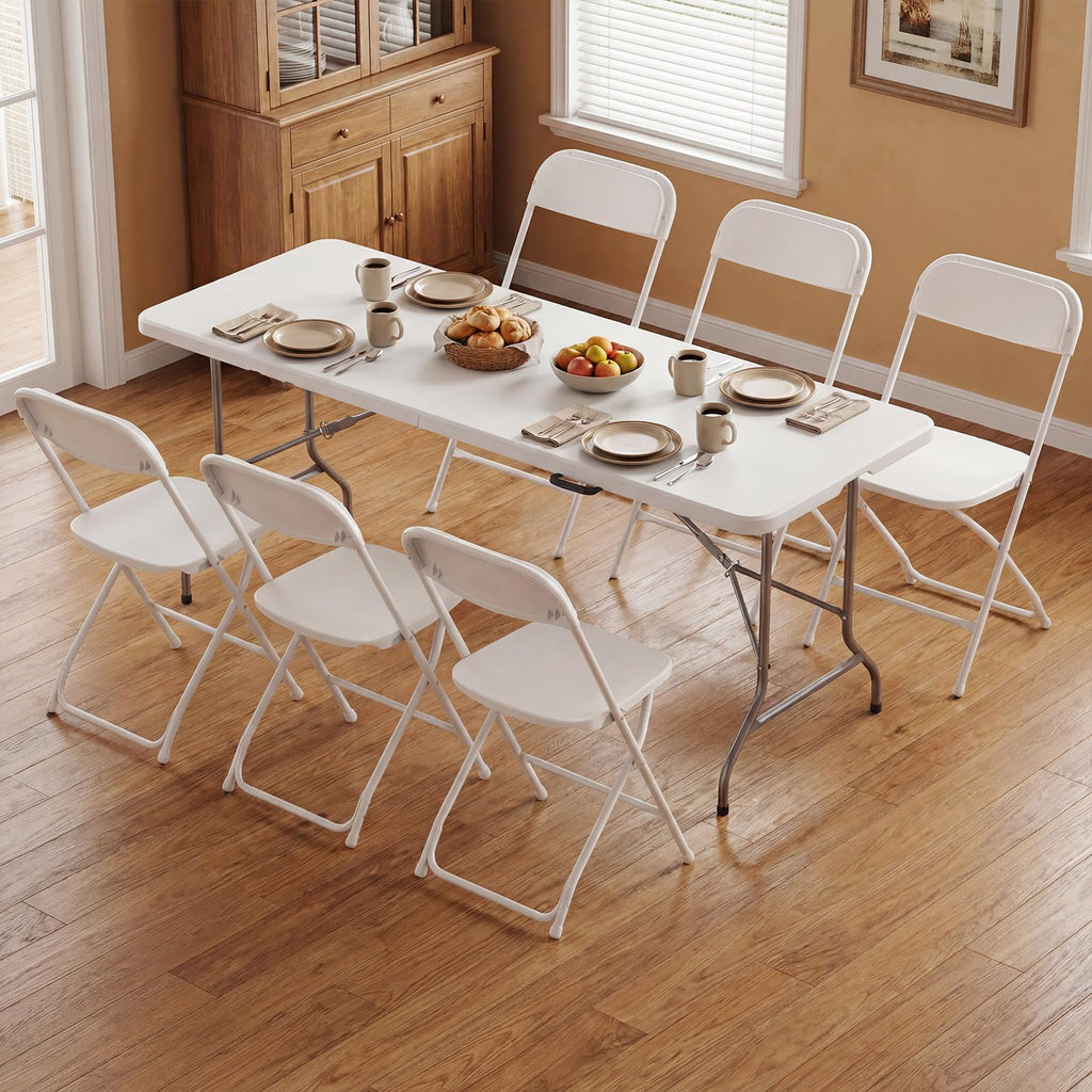 6 FT Folding Picnic Table with 6 Folding Chairs White G875