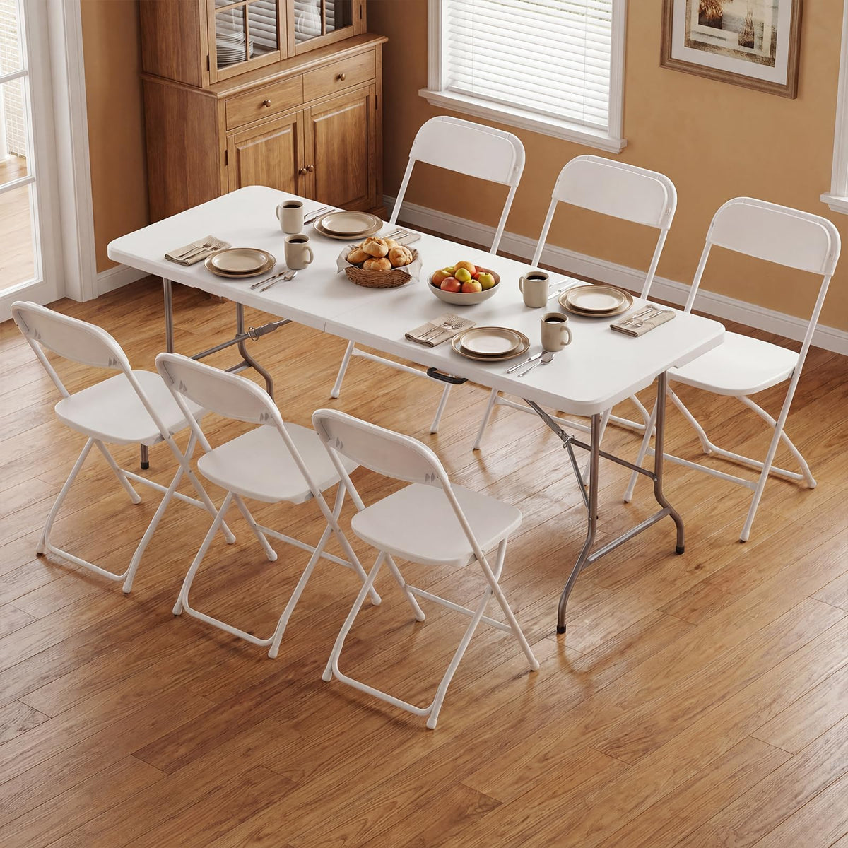 6 FT Folding Picnic Table with 6 Folding Chairs White G875