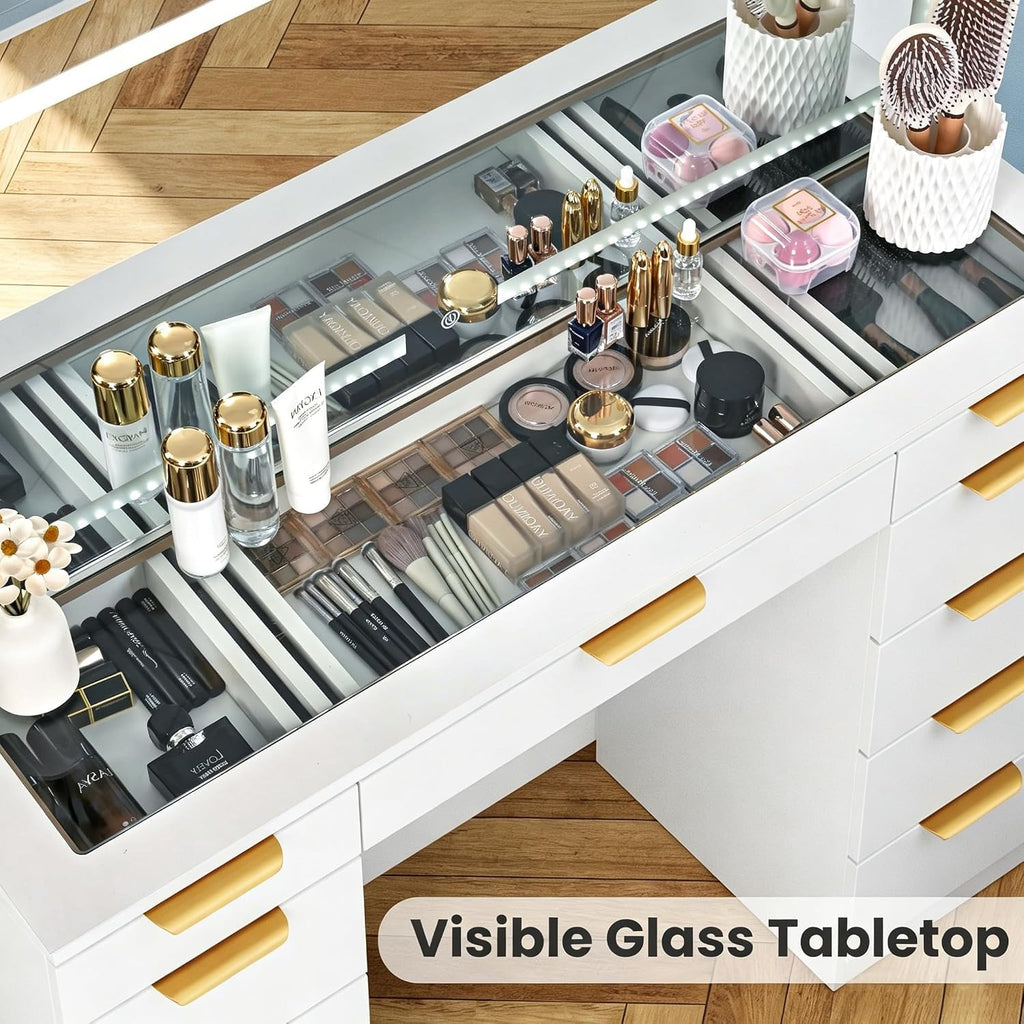 White Glass Top Vanity Desk with Mirror and Lights, 11 Drawers K506381