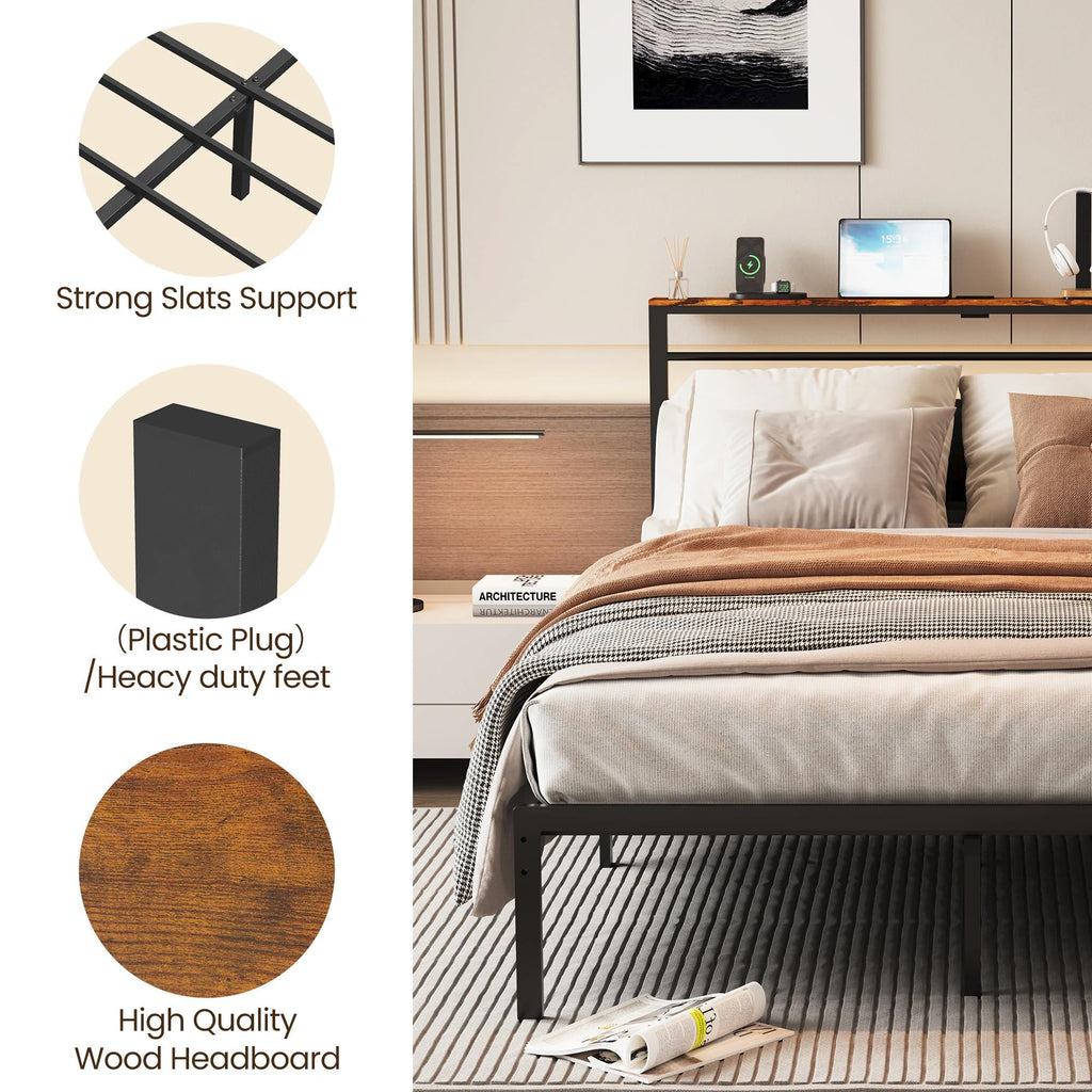 Twin Bed Frame with LED Lights & Charging Station T866
