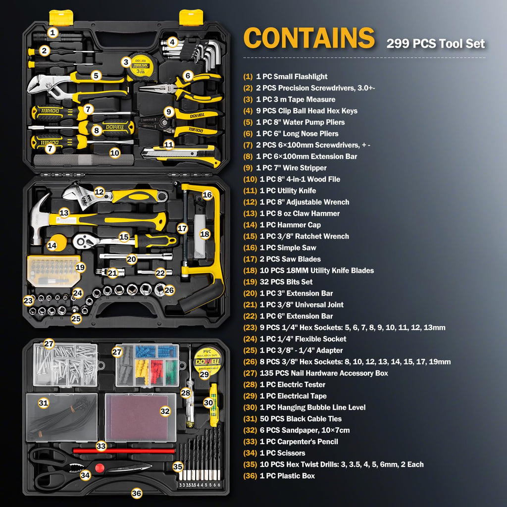 299-Piece Professional Hand Tool Set with Sockets, Pliers, Hex Keys, Screwdrivers T779