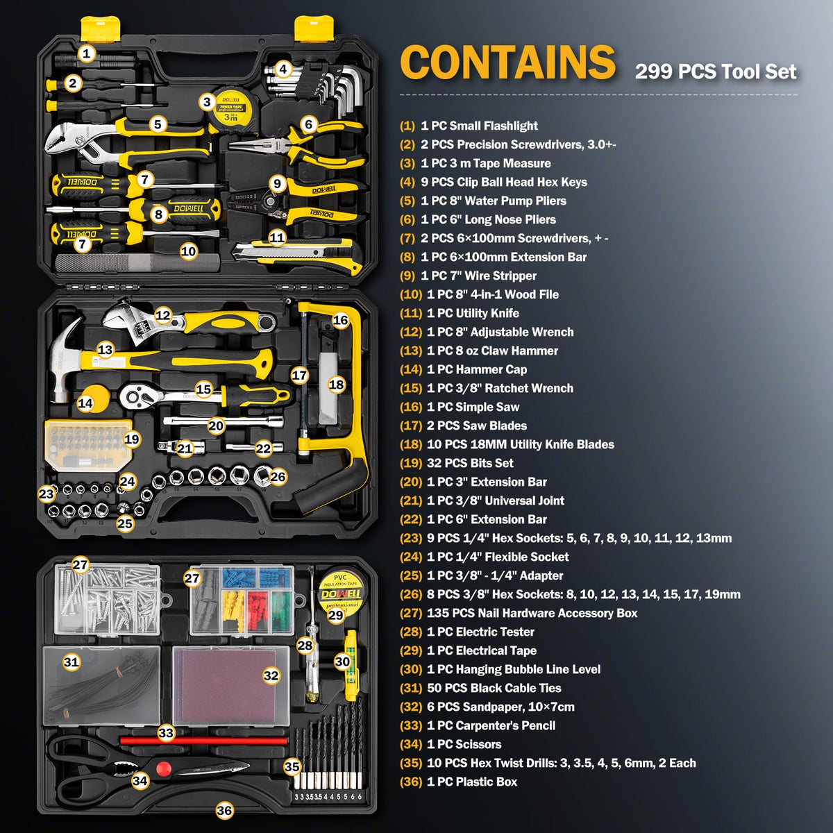 299-Piece Professional Hand Tool Set with Sockets, Pliers, Hex Keys, Screwdrivers T779