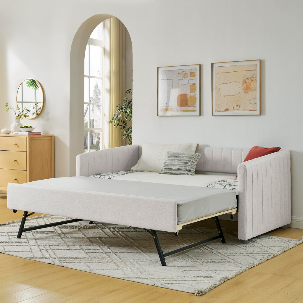 Beige Linen Twin Size Upholstered Daybed with Trundle and Headboard G68454