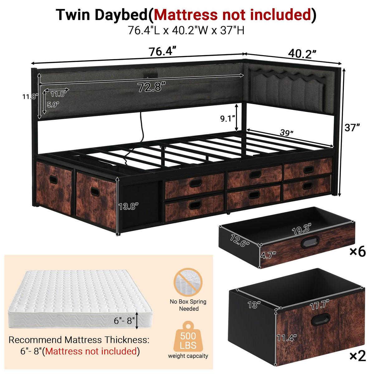 Grey Twin Daybed with Storage M70546