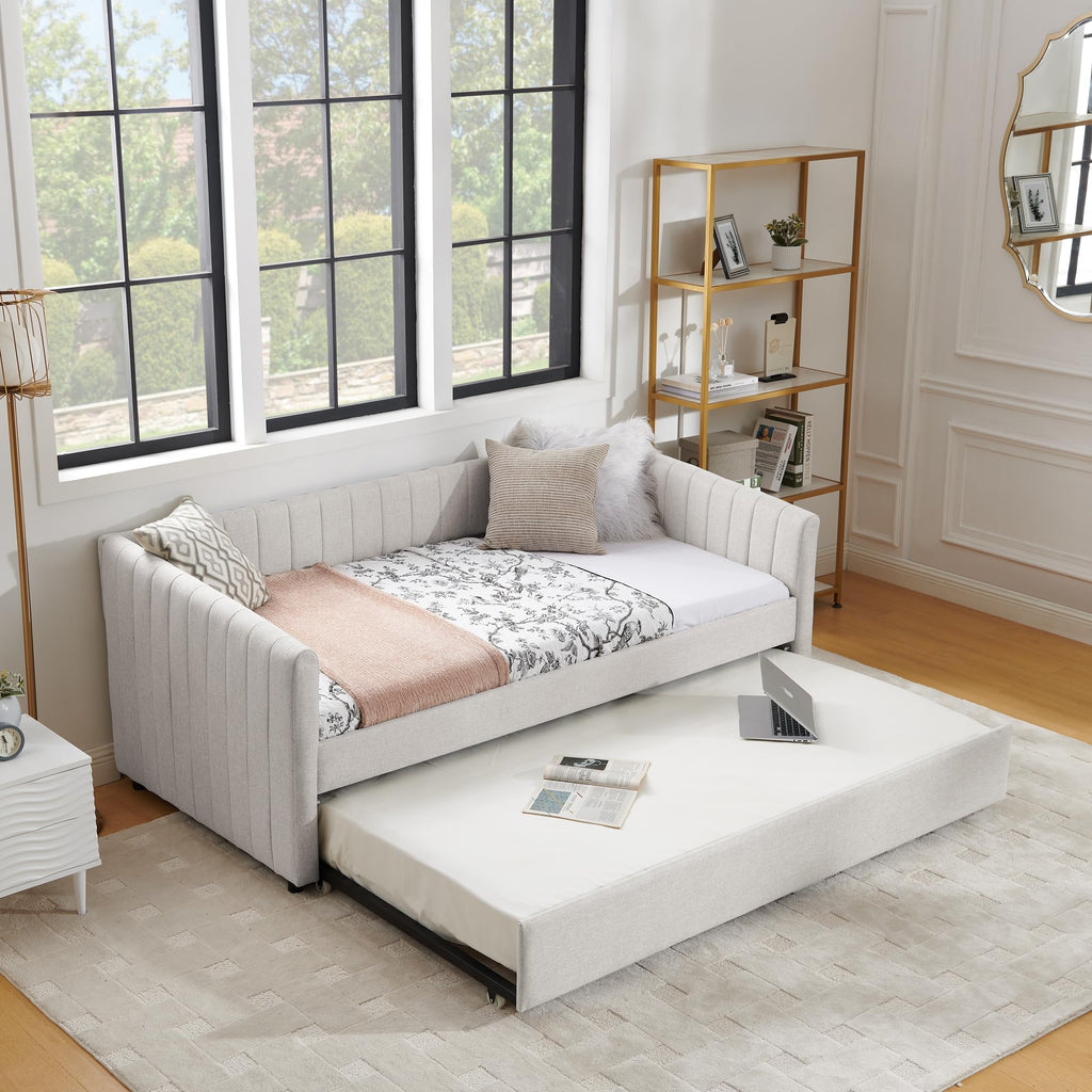 Beige Linen Twin Size Upholstered Daybed with Trundle and Headboard G68454