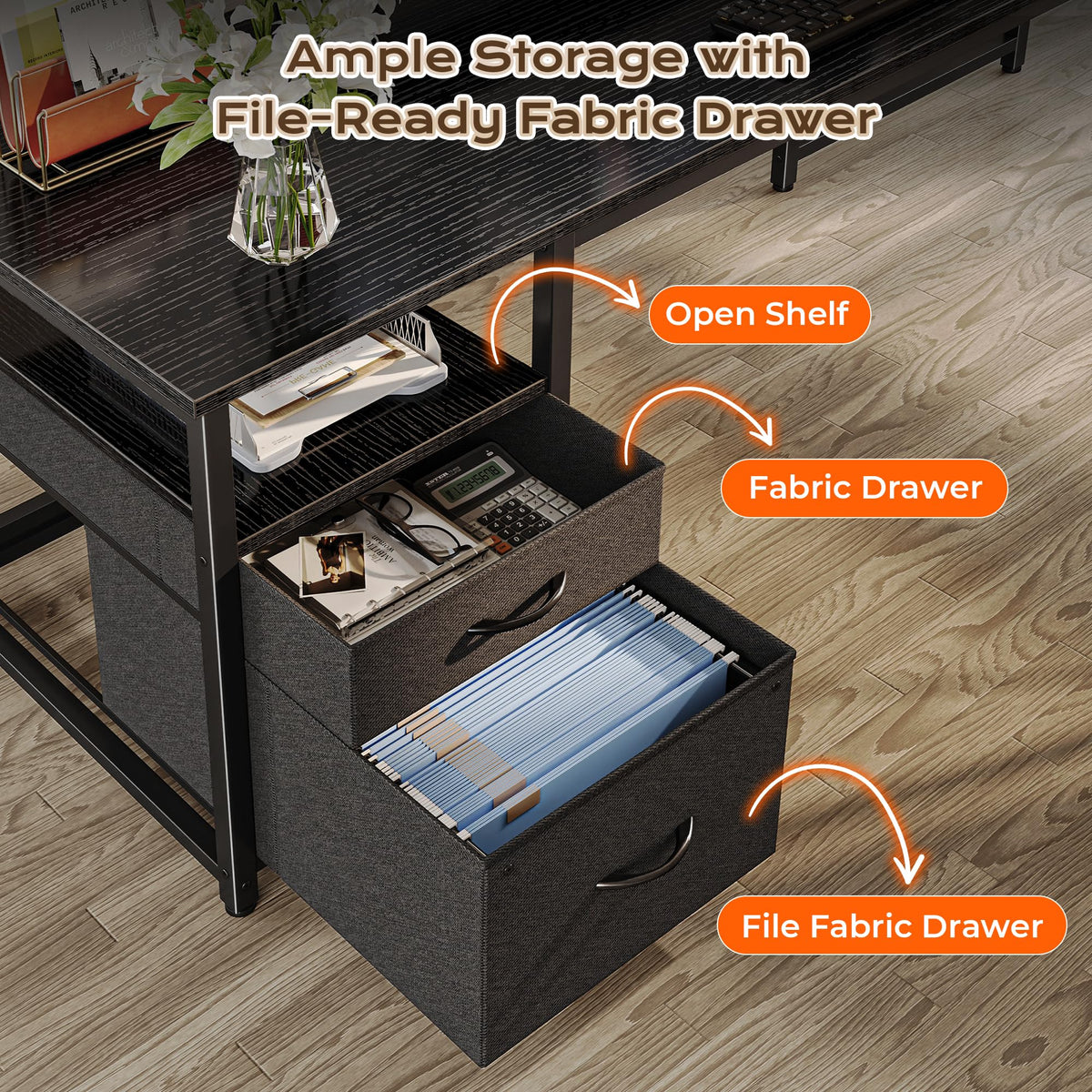 63 Inch L Shaped Desk with Power Outlets and USB-C Port, Black O54137