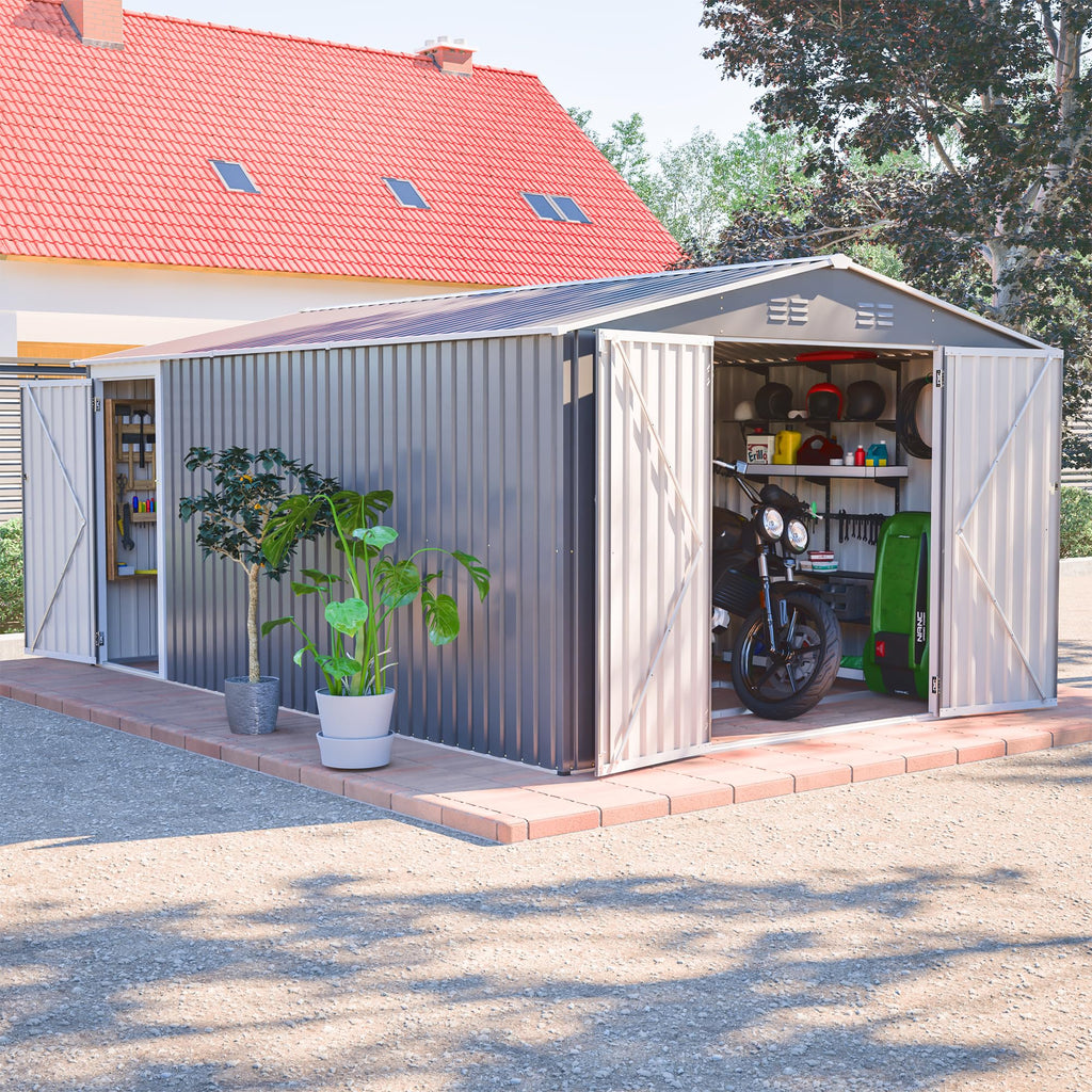 10x14 FT Waterproof Metal Storage Shed with 3 Lockable Doors R677358