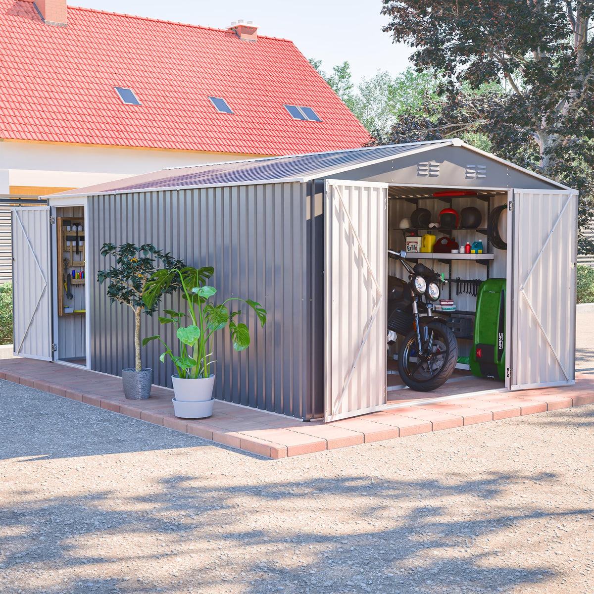 10x14 FT Waterproof Metal Storage Shed with 3 Lockable Doors R677358