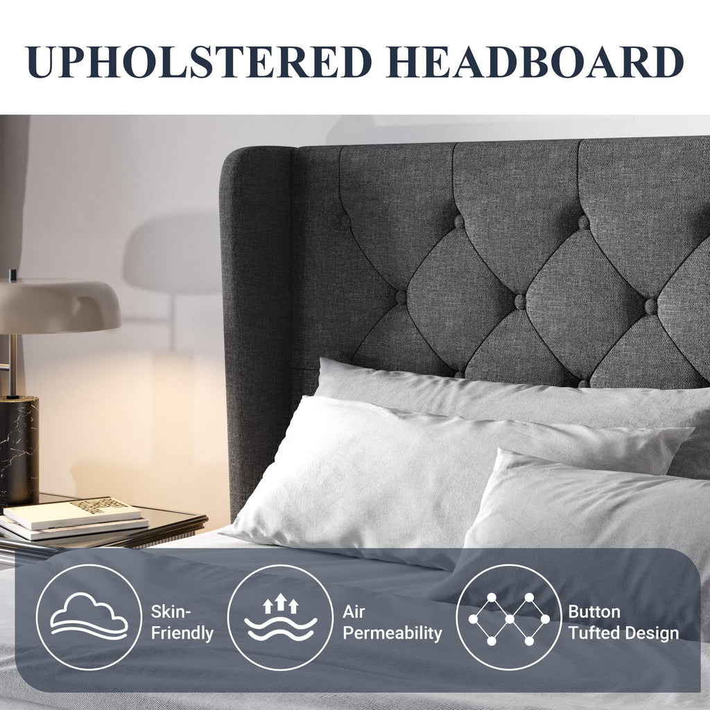 Queen Bed Frame with Button Tufted Wingback Headboard J514