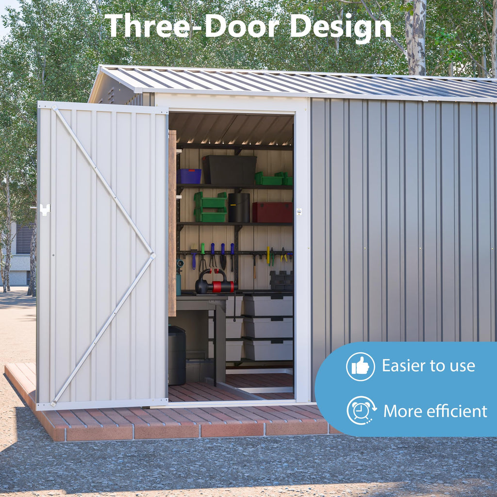 10x14 FT Waterproof Metal Storage Shed with 3 Lockable Doors R677358
