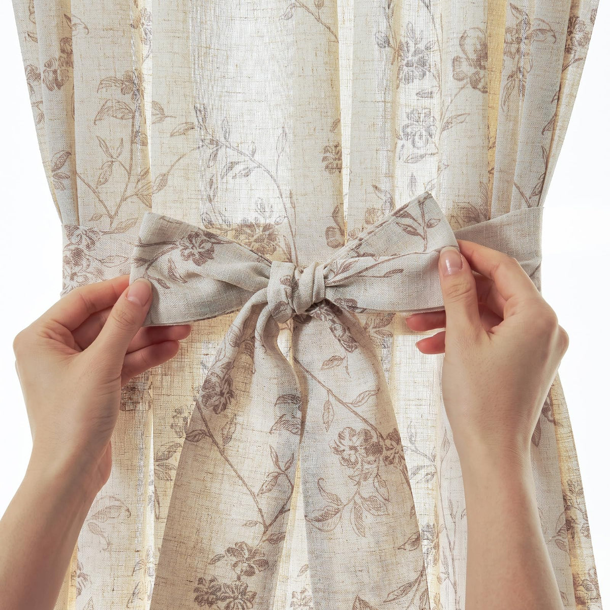 Taupe Linen Floral 72 Inch Rod Pocket Curtains 2 Panels Q244