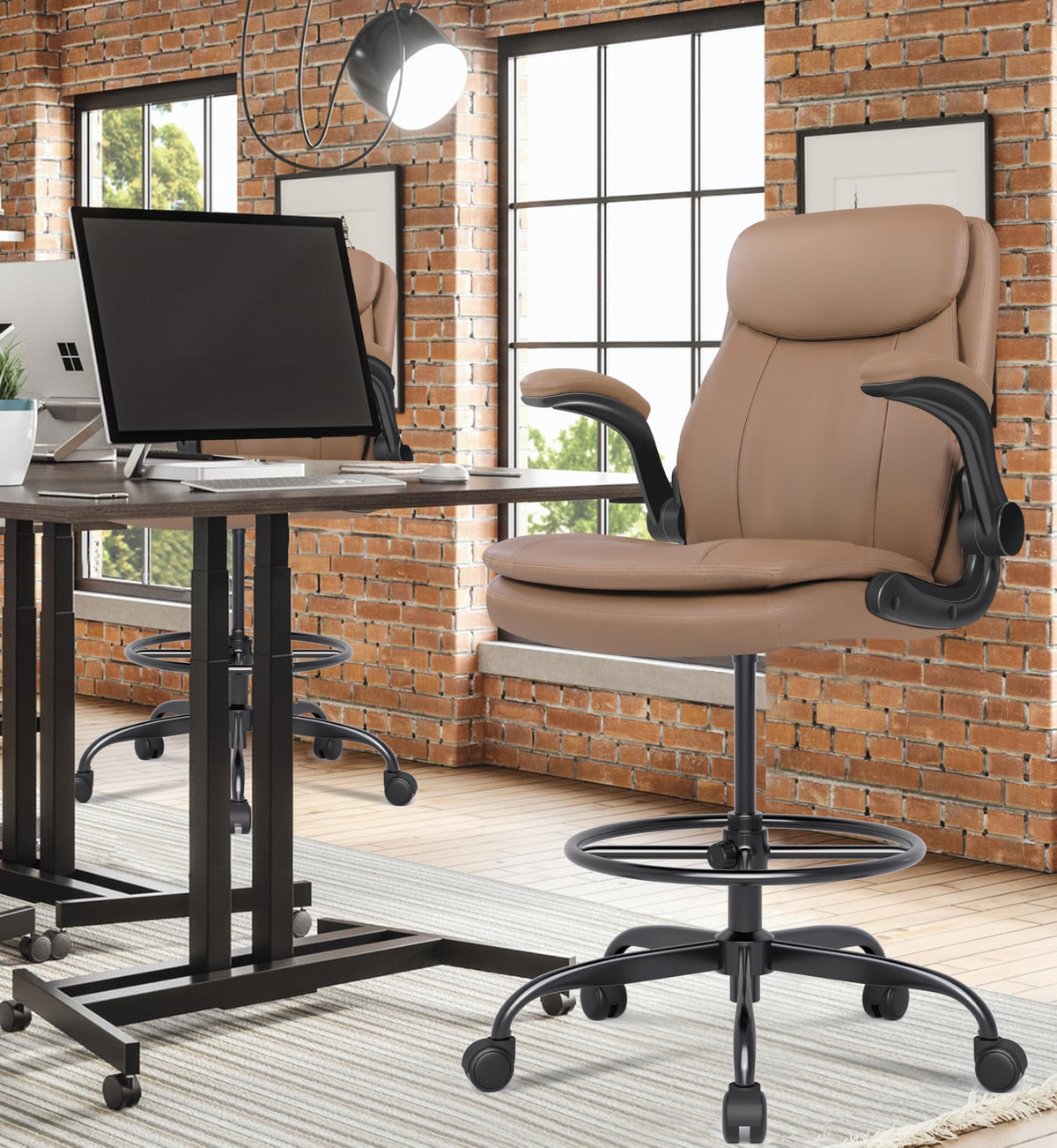 Leather Drafting Chair with Adjustable Height and Flip-up Armrest R4363