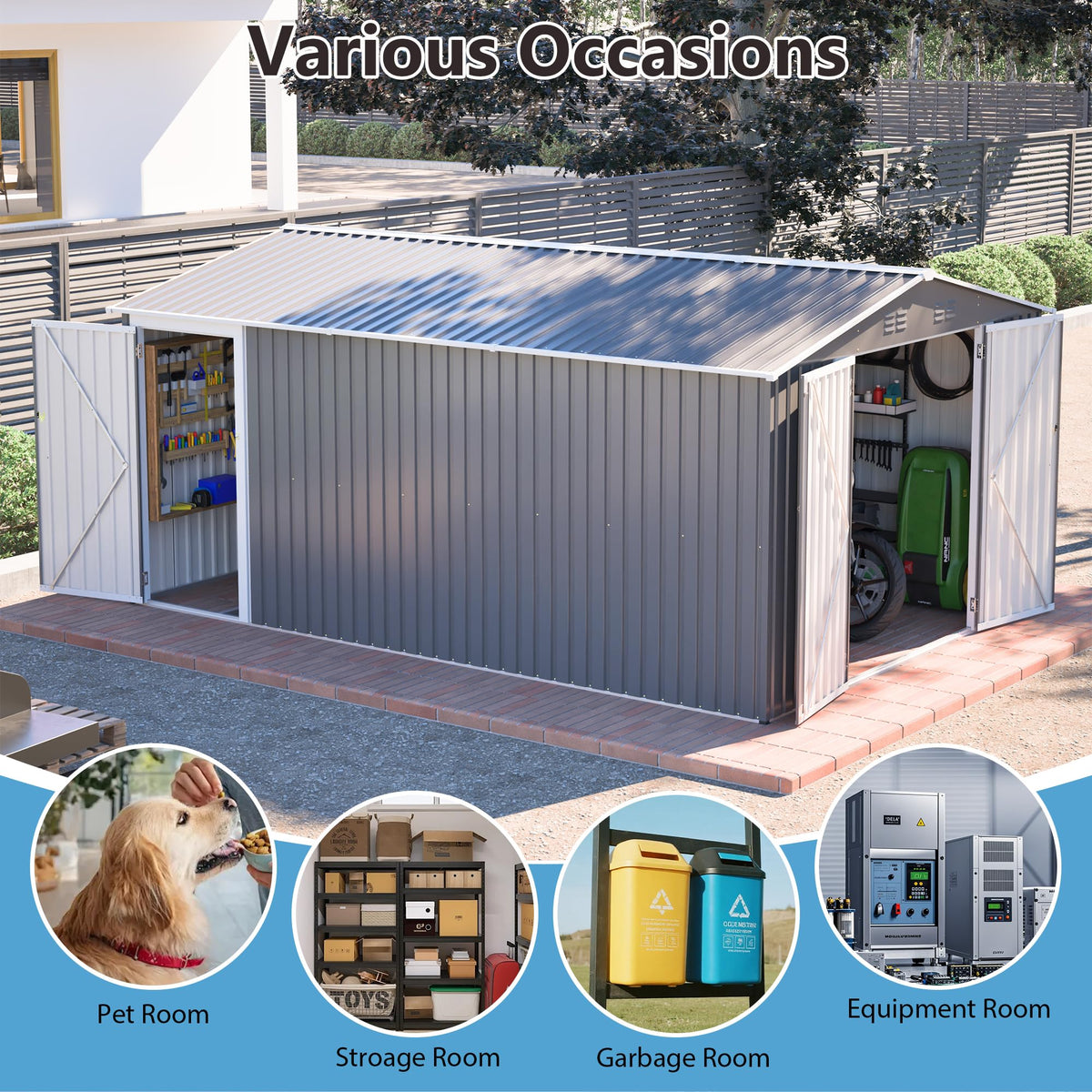 10x14 FT Waterproof Metal Storage Shed with 3 Lockable Doors R677358