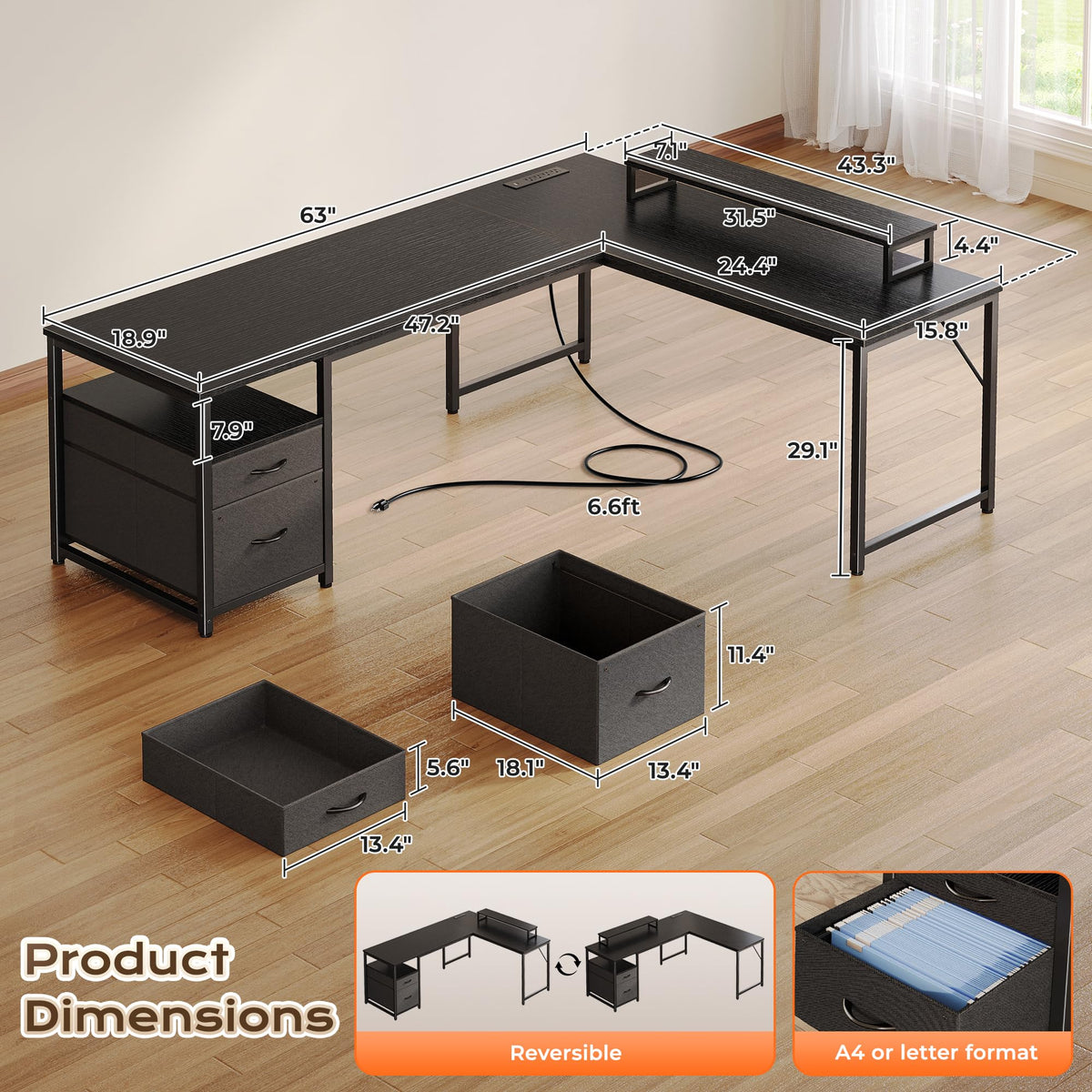 63 Inch L Shaped Desk with Power Outlets and USB-C Port, Black O54137