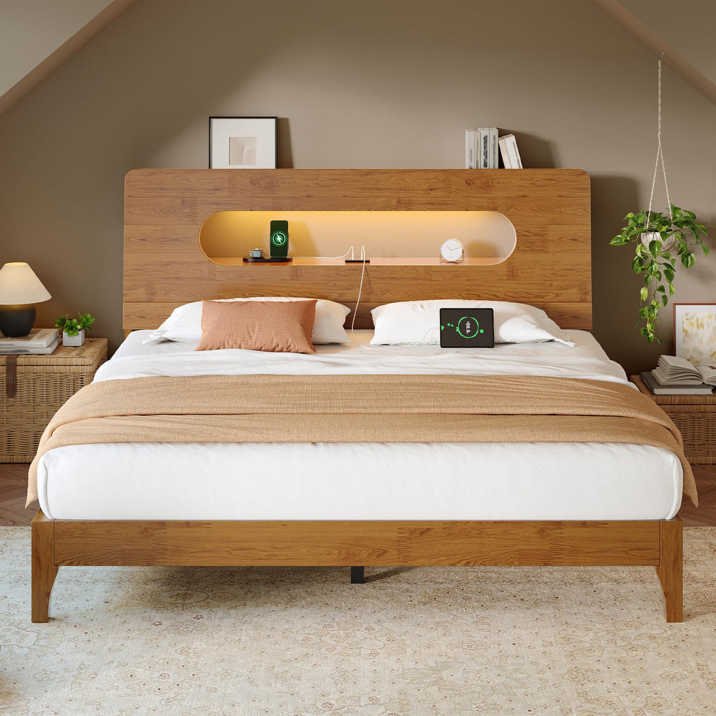 Queen Size Solid Wood Bed Frame with Storage Headboard, Brown Y883